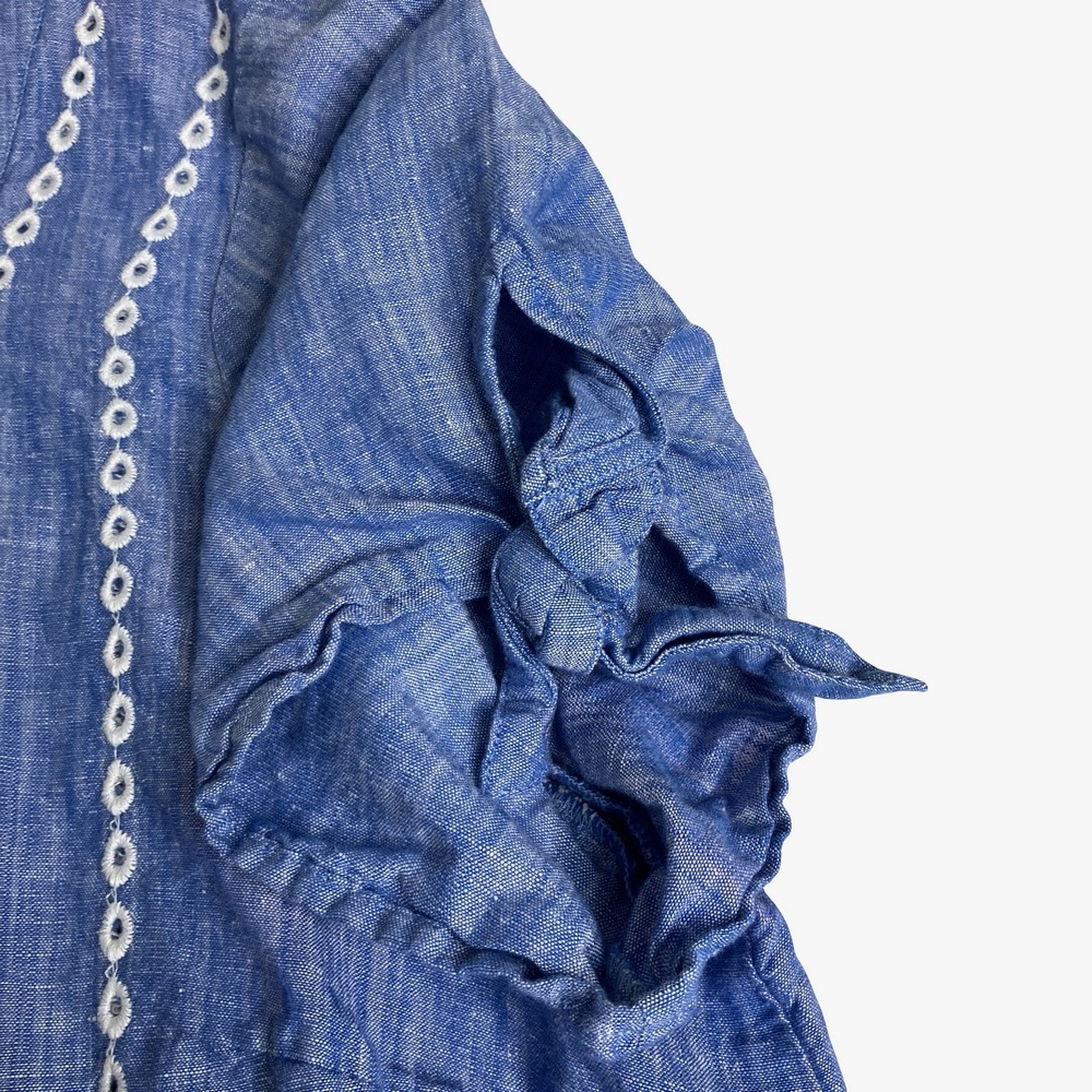 Talbots Blouse Womens 2X Blue Linen Cotton Eyelet Scallop Hem Tie Sleeve Coastal - Picture 8 of 12